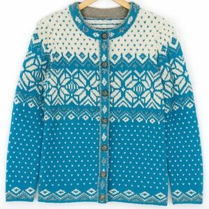 Vintage L.L.Bean Lambswool Nordic Scandinavian Ski Cardigan Sweater Blue Medium